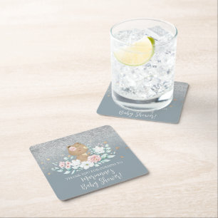 Dessous-de-verre Carré En Papier Fête Prénatale de Nounours Fleurs Paillettes Bleu 