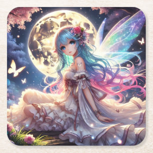 Dessous-de-verre Carré En Papier Fille Anime Princesse Fée de la Lune dans un Jardi