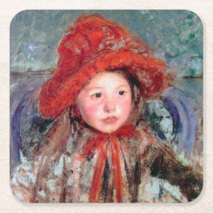 Dessous-de-verre Carré En Papier Fille dans un grand Casquette rouge, Mary Cassatt