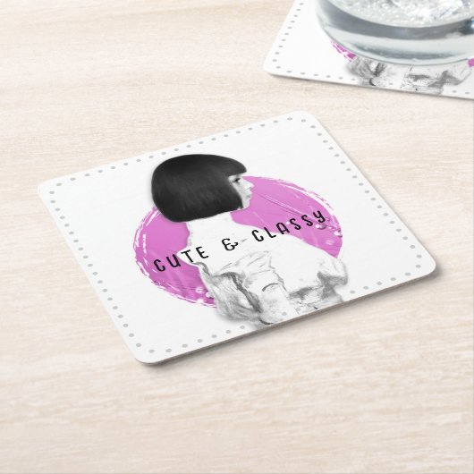 Dessous-de-verre Carré En Papier Fille mignonne et classe rose et noir (Incliné)