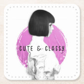 Dessous-de-verre Carré En Papier Fille mignonne et classe rose et noir (Devant)