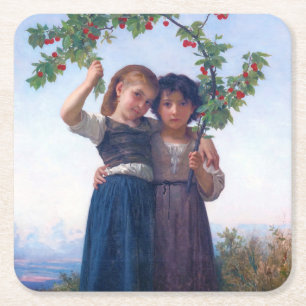 Dessous-de-verre Carré En Papier Filles avec la Branche Cerise, Bouguereau