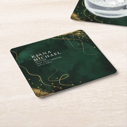 Dessous-de-verre Carré En Papier Fine Lines Gold Abstrait Mariage V1 Emerald ID867 (Incliné)