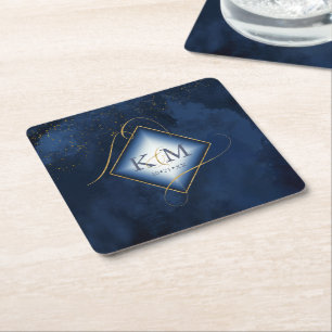 Dessous-de-verre Carré En Papier Fine Lines Gold Abstrait Mariage V2 Navy ID867