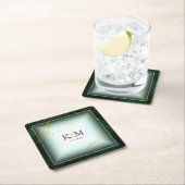 Dessous-de-verre Carré En Papier Fine Lines Gold Abstrait Mariage V3 Emerald ID867 (En situation)