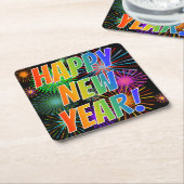 Dessous-de-verre Carré En Papier Fireworks + Rainbow Spectrum "HEUREUX NOUVEL AN !" (Incliné)