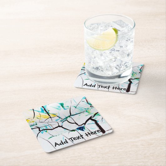 Dessous-de-verre Carré En Papier Fissures Abstraites en vert, jaune et bleu (En situation)