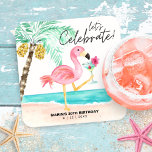 Dessous-de-verre Carré En Papier Flamant rose Beach Cocktail Palm Anniversaire trop<br><div class="desc">Des dessous de verre en papier d'anniversaire amusants et festifs sont ornés d'un flamant rose sur la plage,  qui sert un cocktail tropical à côté d'un palmier avec une légende "fêtons" dans un script décontracté et moderne. Art par KL Stock</div>