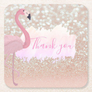 Dessous-de-verre Carré En Papier Flamant rose rose brillant moderne, Merci