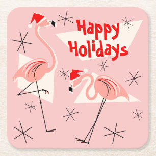 Dessous-de-verre Carré En Papier Flamant rose Santas Pink Joyeux Vacances carré