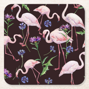 Dessous-de-verre Carré En Papier Flamants roses et motif de fleurs sauvages à l'aqu