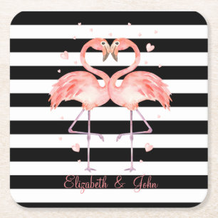 Dessous-de-verre Carré En Papier Flamants Roses Mignons Amoureux , Rayures Noires e