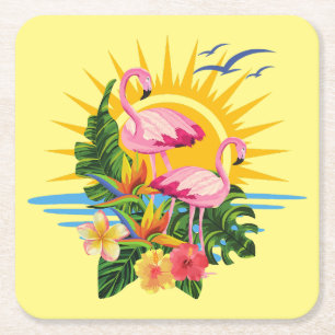 Dessous-de-verre Carré En Papier Flamants roses tropicaux soleil et fleurs