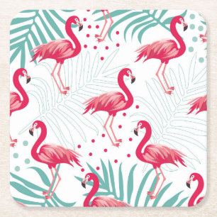 Dessous-de-verre Carré En Papier Flamingo tropical et feuille, motif d'été.