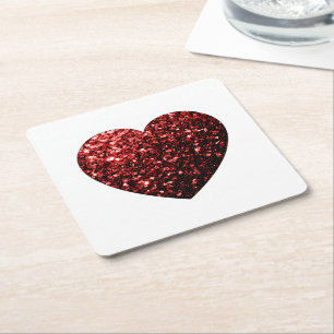 Dessous-de-verre Carré En Papier Flamme de parties scintillant de coeur rouge foncé