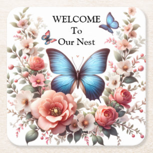 Dessous-de-verre Carré En Papier Flasque Art floral papillon bleu personnalisable-9