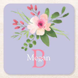 Dessous-de-verre Carré En Papier Fleur aquarelle, nom et monogramme sur lavande