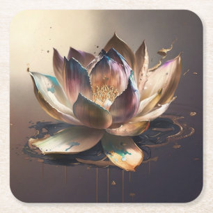 Dessous-de-verre Carré En Papier Fleur de lotus en turquoise, rose et lumière dorée