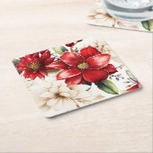 Dessous-de-verre Carré En Papier Fleur de Noël Poinsettia Motif vert rouge (Incliné)