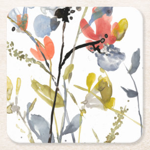 Dessous-de-verre Carré En Papier Fleur recouverte - fleurs et tiges d'aquarelle