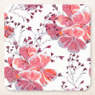 Dessous-de-verre Carré En Papier Fleur rouge rose sur blanc.