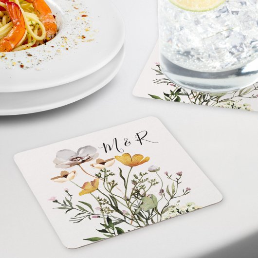 Dessous-de-verre Carré En Papier Fleur sauvage séché par un monogramme personnalisé