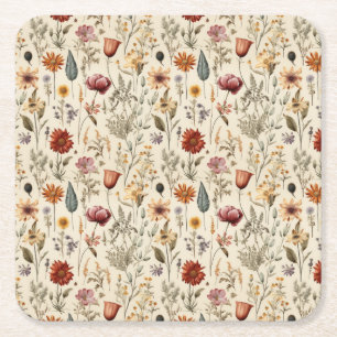 Dessous-de-verre Carré En Papier Fleur sauvage séchée vintage bordeaux rose jaune
