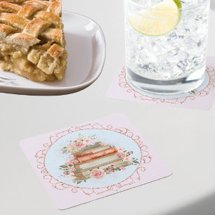 Dessous-de-verre Carré En Papier Fleurs aquarelles roses vintage et livres 