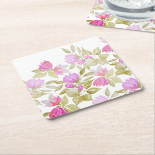 Dessous-de-verre Carré En Papier Fleurs aquarelles violettes roses peintes à la mai