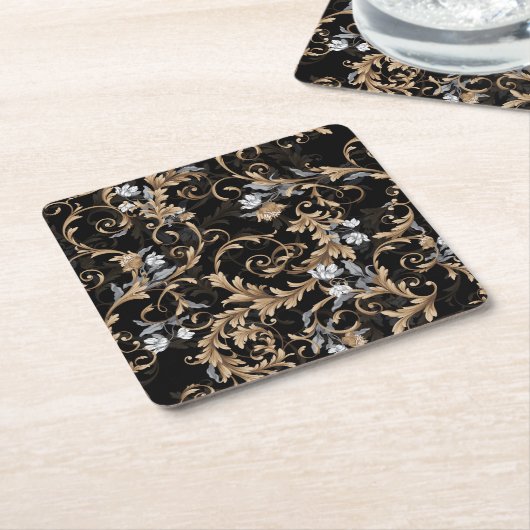 Dessous-de-verre Carré En Papier Fleurs baroques classiques : arrière - plan noir. (Incliné)