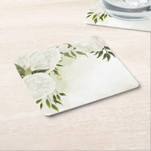 Dessous-de-verre Carré En Papier Fleurs blanches boho feuilles vertes botanique