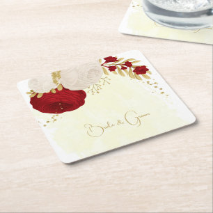 Dessous-de-verre Carré En Papier Fleurs blanches et rouges foncées romantiques mari