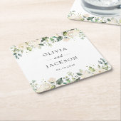 Dessous-de-verre Carré En Papier Fleurs blanches, Fleurs de crème, Verdure, Mariage (Incliné)