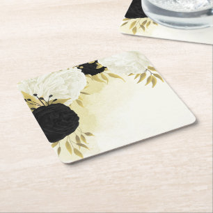 Dessous-de-verre Carré En Papier fleurs blanches noires or feuille mariage