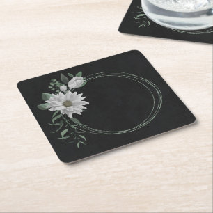 Dessous-de-verre Carré En Papier fleurs blanches romantiques et feuilles vertes noi