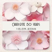 Dessous-de-verre Carré En Papier Fleurs blanches roses nom fête d'anniversaire (Devant)