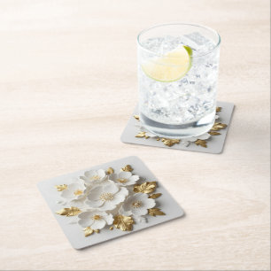 Dessous-de-verre Carré En Papier fleurs blanches sculptées et feuilles dorées flora
