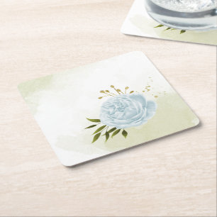 Dessous-de-verre Carré En Papier Fleurs bleues boho feuilles vertes botanique