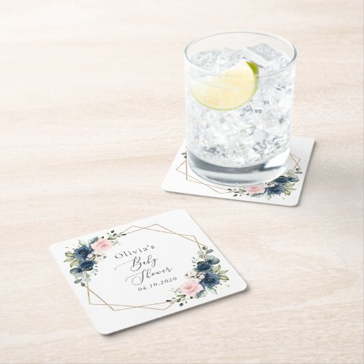 Dessous-de-verre Carré En Papier Fleurs Bleues Marine, Fleurs Roses, Baby shower (En situation)