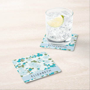 Dessous-de-verre Carré En Papier Fleurs Bleues, Motif De Fleurs, Votre Nom