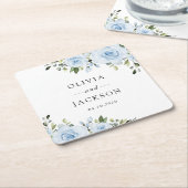 Dessous-de-verre Carré En Papier Fleurs bleues poussiéreuses, Verdure, Boho, Mariag (Incliné)