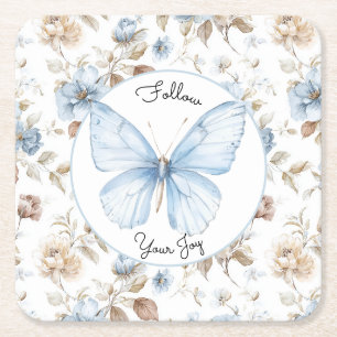 Dessous-de-verre Carré En Papier Fleurs bleues romantiques feuilles brunes papillon