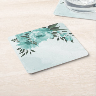 Dessous-de-verre Carré En Papier fleurs bleues romantiques & feuilles vertes