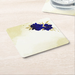 Dessous-de-verre Carré En Papier Fleurs bleues royales feuilles dorées mariage