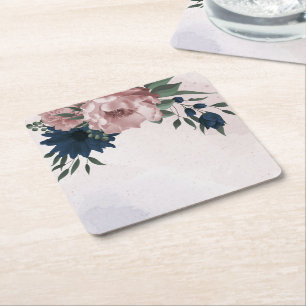 Dessous-de-verre Carré En Papier fleurs botaniques rose et marine