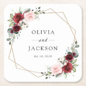 Dessous-de-verre Carré En Papier Fleurs Bourgogne, Fleurs roses, Verdure, Mariage (Devant)