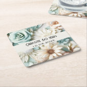 Dessous-de-verre Carré En Papier Fleurs crème vert poussiéreux nom d'anniversaire (Incliné)