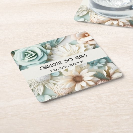 Dessous-de-verre Carré En Papier Fleurs crème vert poussiéreux nom d'anniversaire (Incliné)