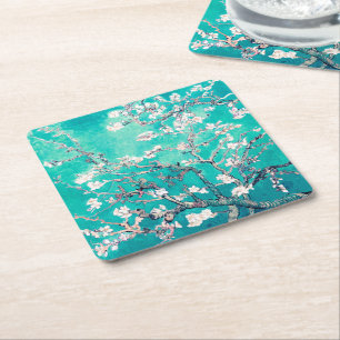 Dessous-de-verre Carré En Papier Fleurs d'amandier de Van Gogh Turquoise