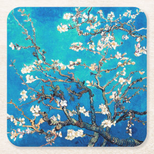 Dessous-de-verre Carré En Papier Fleurs d'amandier de Van Gogh turquoise clair